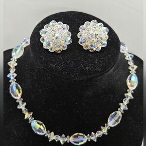 Vintage AB Crystal Necklace and Earrings set. Clip-on Earrings Hook clasp